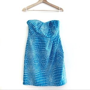 Tibi Turquoise Blue Crocodile Print Strapless Mini Dress Size 4